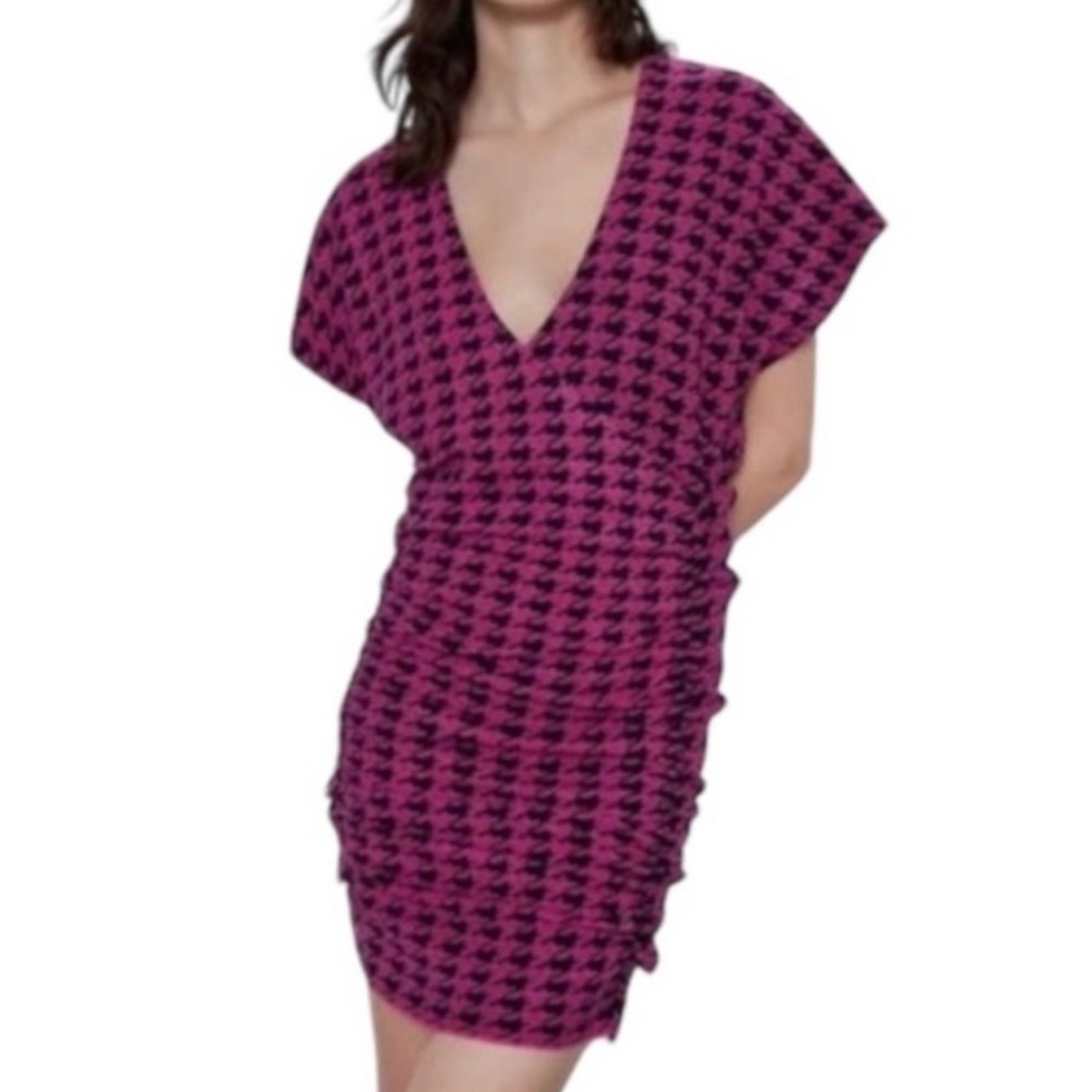 NWT ZARA Woman’s Pink/Black Houndstooth Wrap Dress Small
